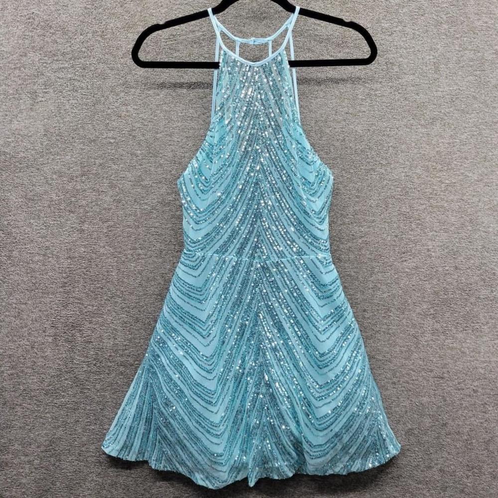 B. Darlin Dress Juniors 7/8 Aqua Blue Sequence Mesh Halter Fit & Flare NWT